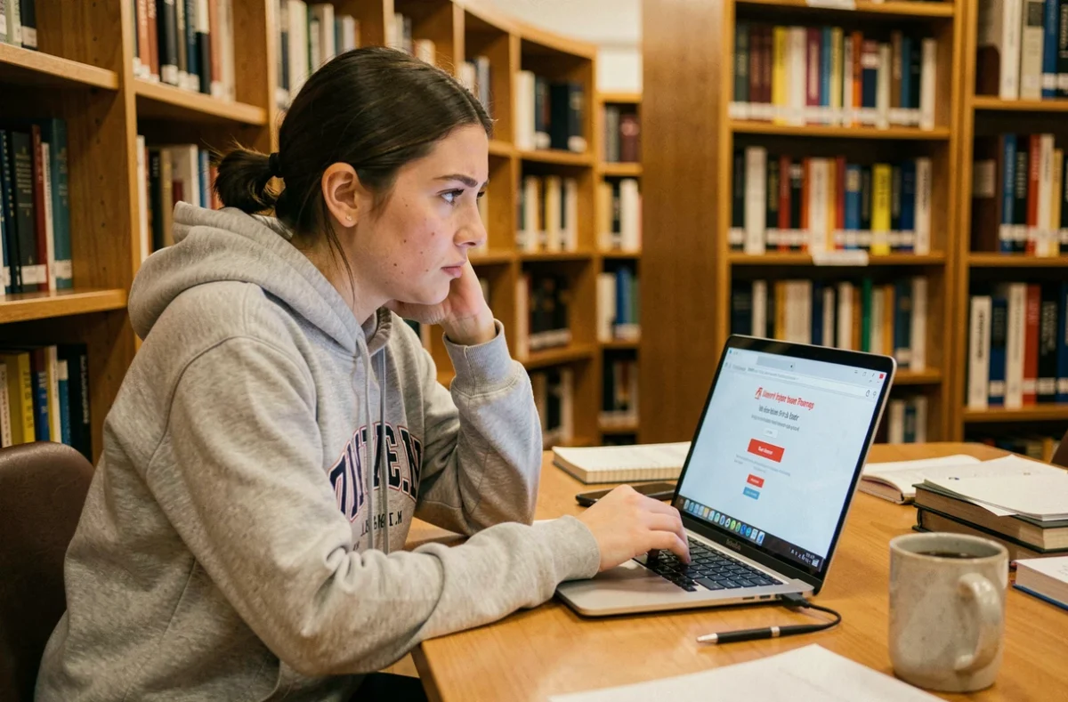 Étudiante frustrée devant un écran d'erreur de connexion sur son portail universitaire PSB Learn dans une bibliothèque