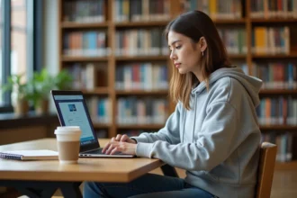 Étudiante utilisant l'espace numérique UBS ENT sur son ordinateur portable dans une bibliothèque universitaire moderne