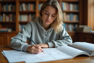 Étudiante en mathématiques travaillant sur des formules trigonométriques dans une bibliothèque universitaire