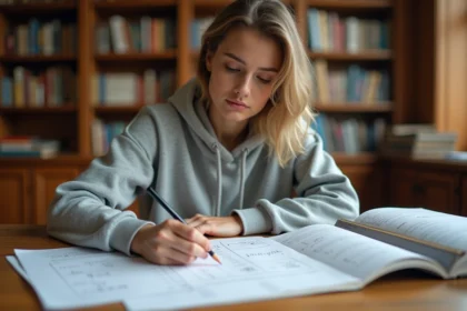 Étudiante en mathématiques travaillant sur des formules trigonométriques dans une bibliothèque universitaire