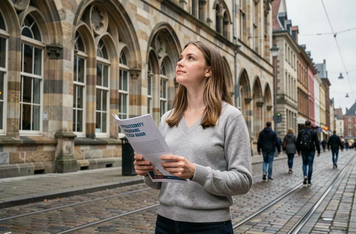 Étudiante tenant une brochure de formation en kinésithérapie devant un bâtiment universitaire belge en ville de province