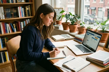 Étudiante en prépa ECE réfléchissant à une reconversion après la classe préparatoire, entourée de livres et d'un ordinateur portable