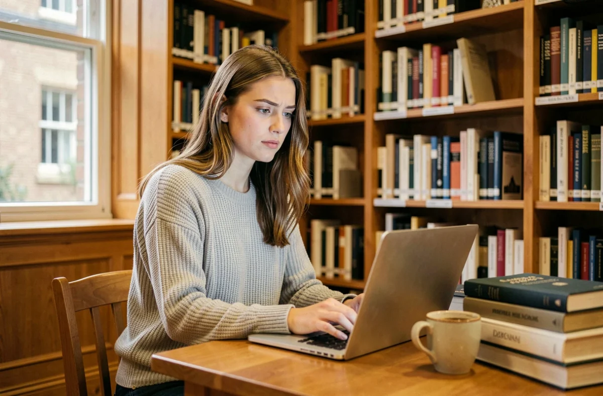 Étudiante de Sciences Po Bordeaux découvrant seule des services universitaires méconnus sur son ordinateur portable dans une bibliothèque calme
