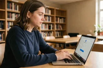 Étudiante sécurisant son compte ENT universitaire sur un ordinateur portable à la bibliothèque
