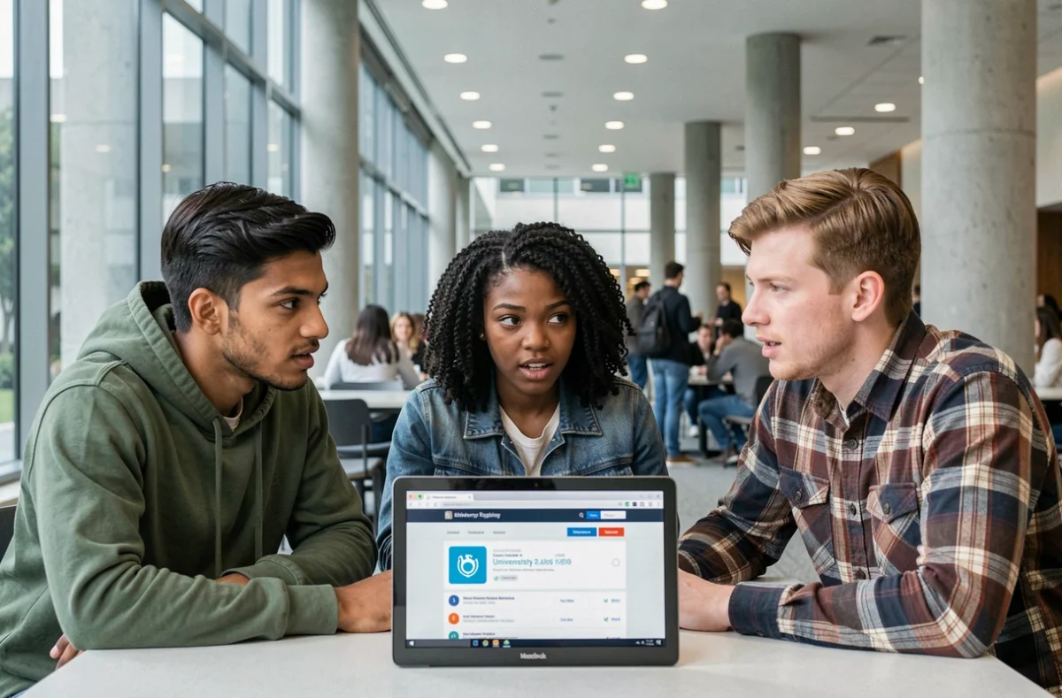 Groupe d'étudiants internationaux comparant des classements d'universités sur un ordinateur portable dans un campus moderne