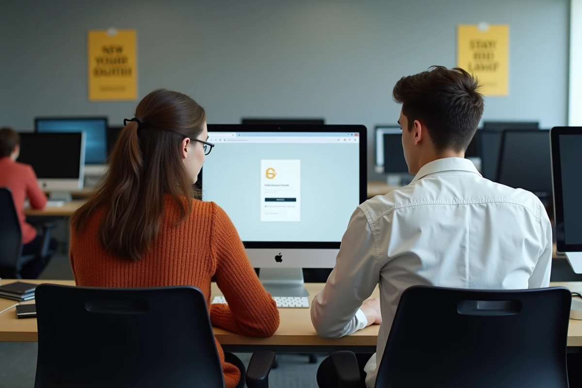 Deux étudiants se connectant à l'espace étudiant UBS ENT sur un ordinateur de salle informatique universitaire