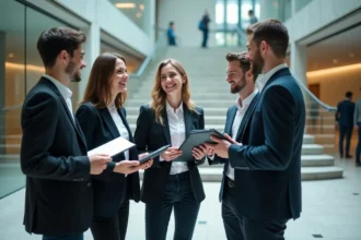Étudiants d'une grande école de commerce française discutant dans un hall moderne et lumineux, illustrant la sélectivité des meilleures écoles en 2026