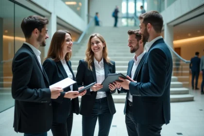 Étudiants d'une grande école de commerce française discutant dans un hall moderne et lumineux, illustrant la sélectivité des meilleures écoles en 2026