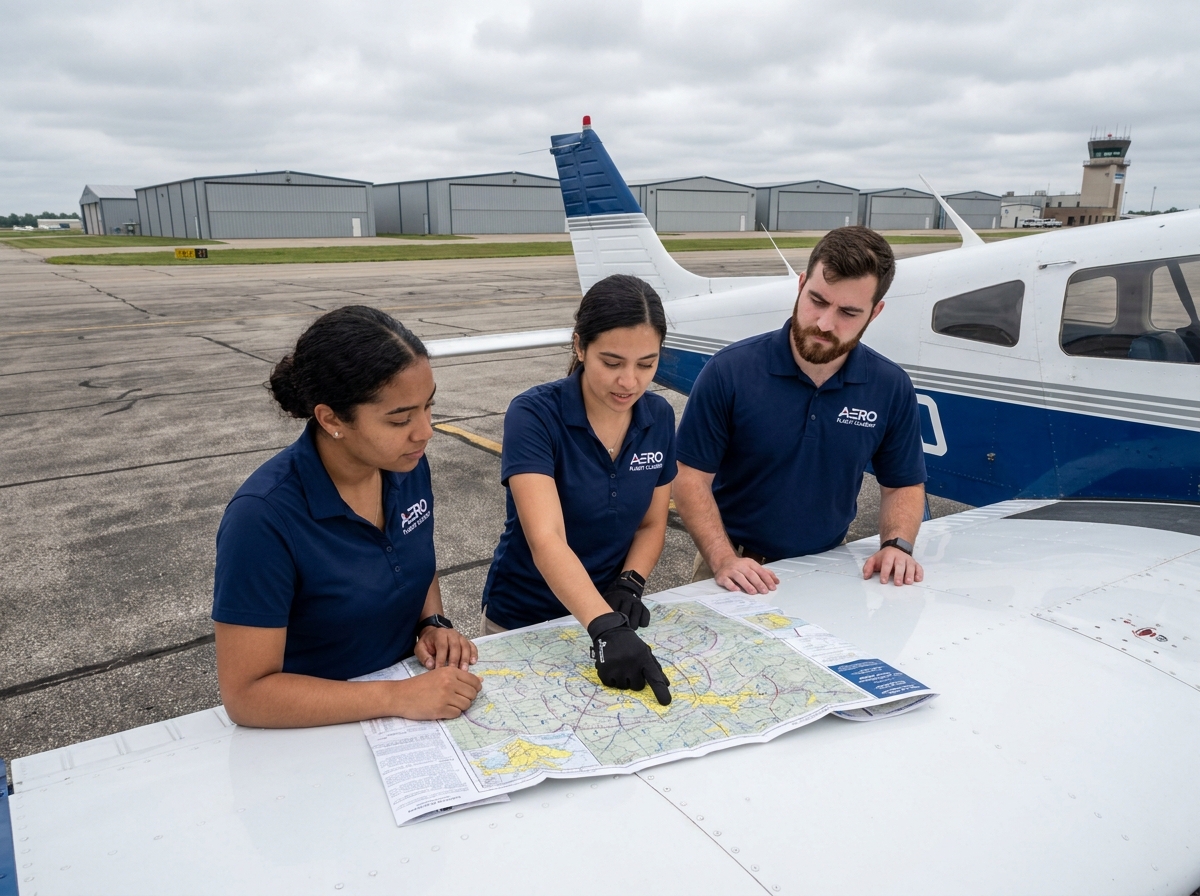 Étudiants pilotes en formation devant un avion d'entraînement sur le tarmac d'un aéroport régional
