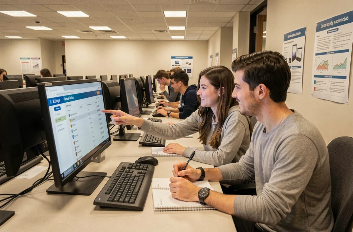 Deux étudiants accédant aux ressources numériques et au catalogue de la bibliothèque de l'Université Clermont Auvergne sur un poste informatique