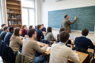 Groupe d'étudiants en classe universitaire avec professeur