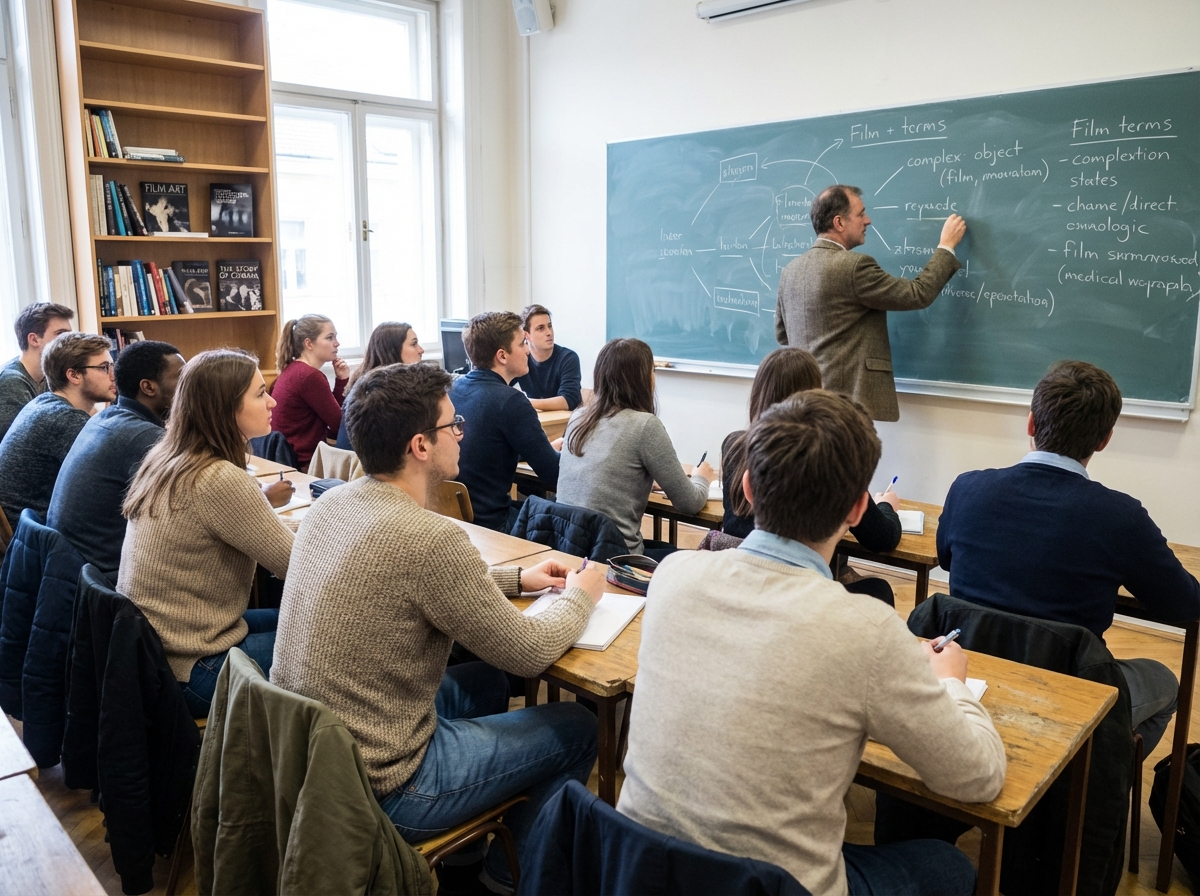 Groupe d'étudiants en classe universitaire avec professeur