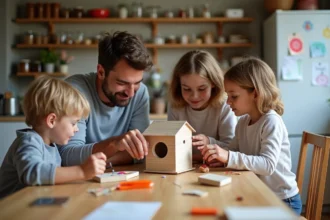 Famille heureuse assemble un nichoir en bois dans la cuisine