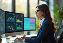 Femme d'affaires analysant graphiques financiers colorés