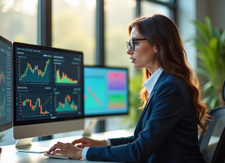 Femme d'affaires analysant graphiques financiers colorés