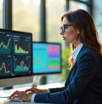 Femme d'affaires analysant graphiques financiers colorés