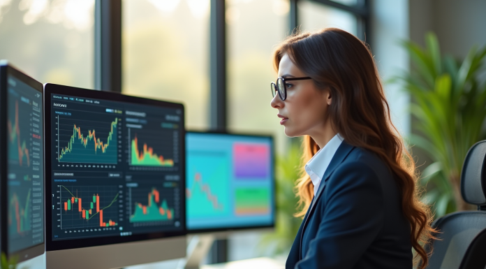 Femme d'affaires analysant graphiques financiers colorés
