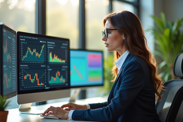femme-affaires-analysant-charts Femme d'affaires analysant graphiques financiers colorés