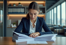 Différence entre OPCA et OPCO : tout ce que vous devez savoir Femme d'affaires en costume bleu examinant des documents officiels