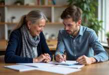 Femme aidant un jeune homme lors d'un atelier en centre communautaire
