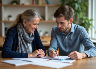 Femme aidant un jeune homme lors d'un atelier en centre communautaire
