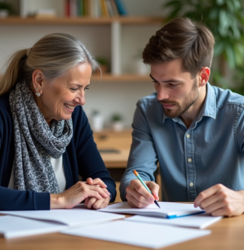 Femme aidant un jeune homme lors d'un atelier en centre communautaire