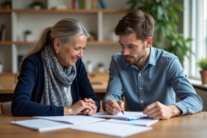 Femme aidant un jeune homme lors d'un atelier en centre communautaire