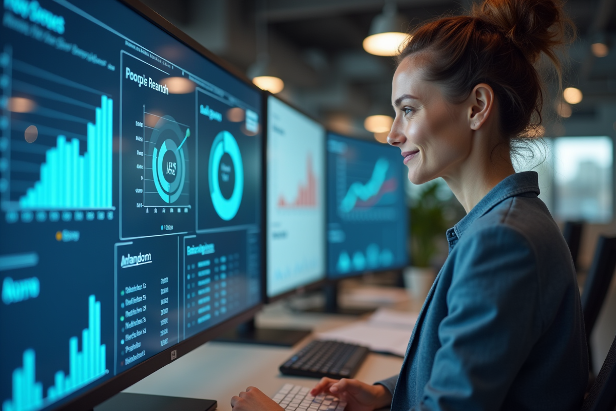 Femme confiante analysant des graphiques de croissance
