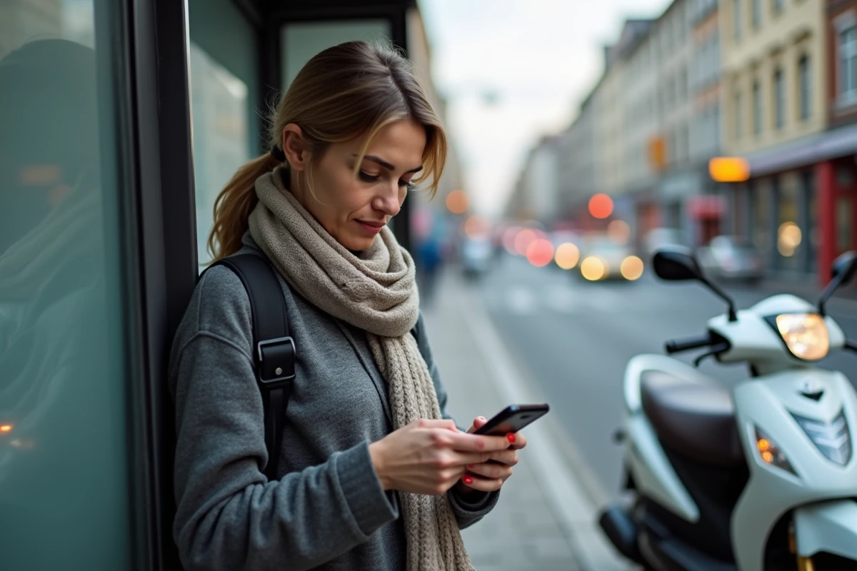 Femme regardant son smartphone à un arrêt de bus urbain