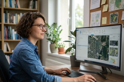 Femme en bureau avec ordinateur et carte ArcGIS Pro