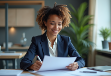 Femme d'âge moyen au bureau avec un blazer navy