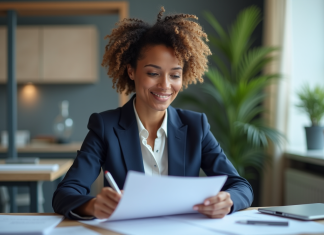Femme d'âge moyen au bureau avec un blazer navy