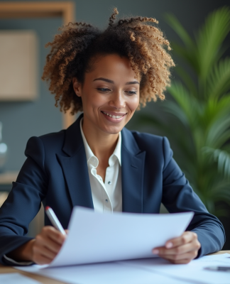 Femme d'âge moyen au bureau avec un blazer navy