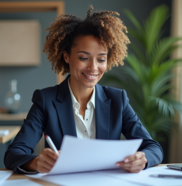 Évolution depuis dernière évaluation : Astuces pour progresser Femme d'âge moyen au bureau avec un blazer navy
