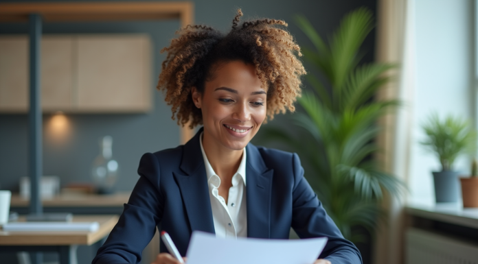 Femme d'âge moyen au bureau avec un blazer navy