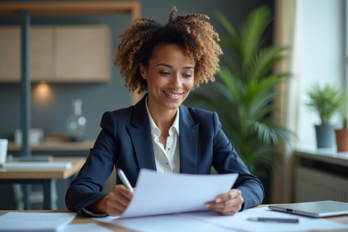femme-bureau-confiance Femme d'âge moyen au bureau avec un blazer navy