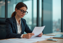 Femme en blazer évaluant des outils dans un bureau moderne
