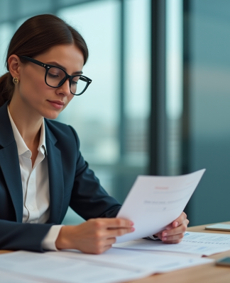Femme en blazer évaluant des outils dans un bureau moderne