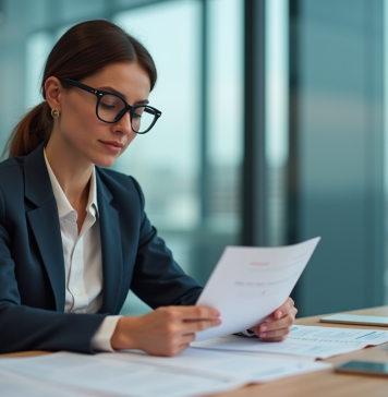 Femme en blazer évaluant des outils dans un bureau moderne