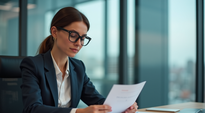 Femme en blazer évaluant des outils dans un bureau moderne
