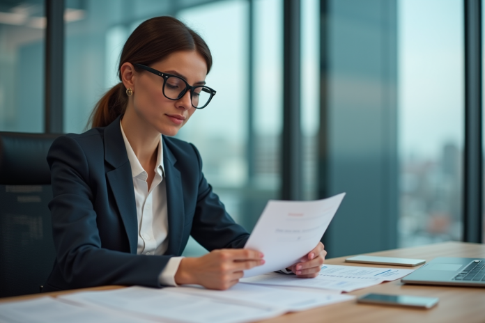 Femme en blazer évaluant des outils dans un bureau moderne