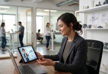 L’IA dans la gestion de produit : une révolution en marche Jeune femme en tenue professionnelle dans un bureau moderne