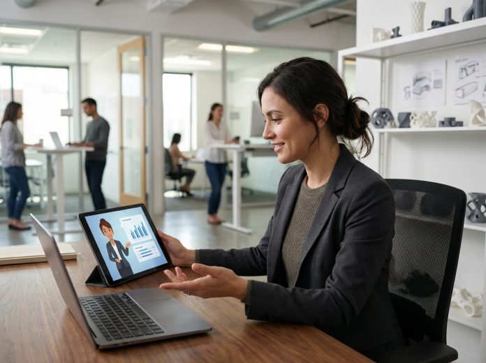 Jeune femme en tenue professionnelle dans un bureau moderne