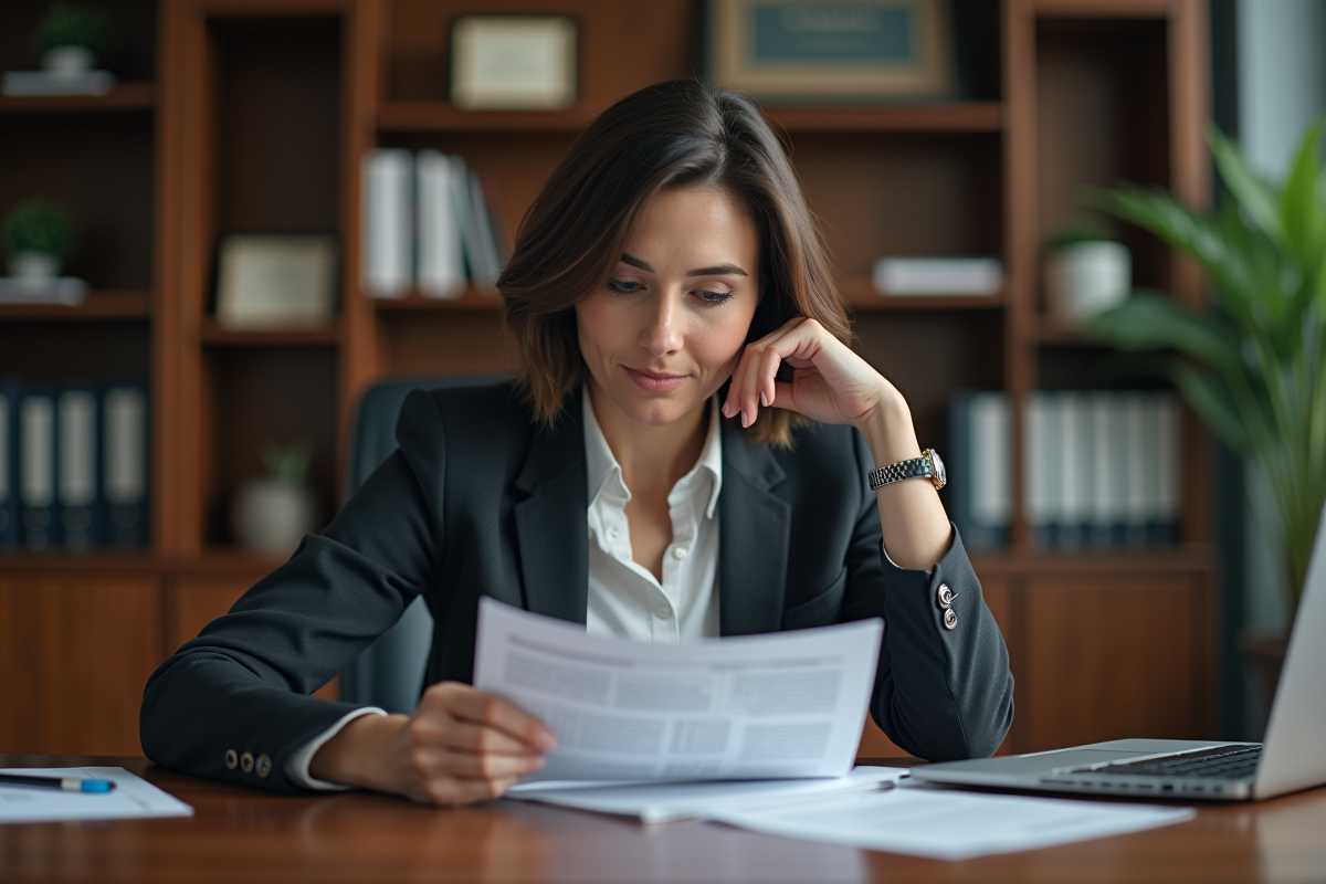 Femme d affaires lisant un rapport dans son bureau