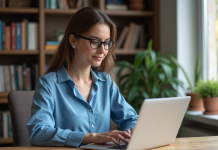 Créer un MOOC : quel logiciel choisir pour votre plateforme en ligne ? Femme en blouse bleue travaillant sur un ordinateur dans un bureau cosy