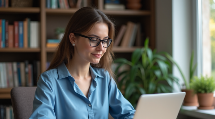 Femme en blouse bleue travaillant sur un ordinateur dans un bureau cosy