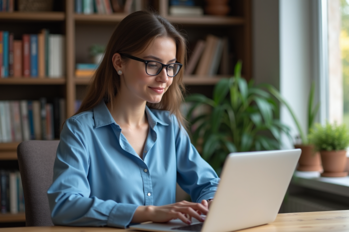 femme-bureau-ordinateur Femme en blouse bleue travaillant sur un ordinateur dans un bureau cosy
