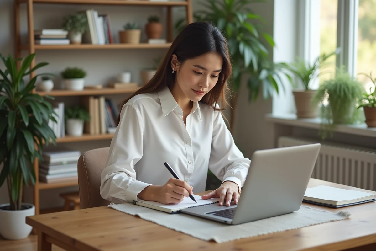 Jeune femme au bureau note dans un planner