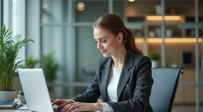 Jeune femme en blazer organise des documents au bureau