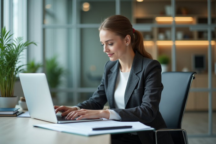 femme-bureau-organise-documents Jeune femme en blazer organise des documents au bureau